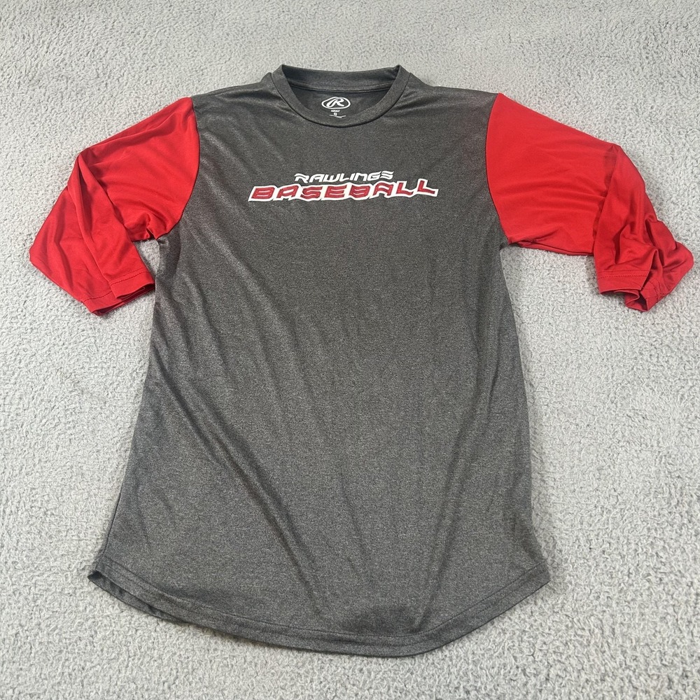 Rawlings Baseball Shirt Mens Small‎ Gray Red 3/4 Sleeve Raglan Performance Tee